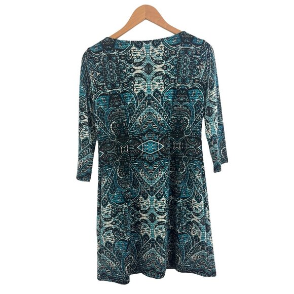 London Times Teal Print Shift Dress Sheath Size 4 Office Career Work Evening - Picture 3 of 6